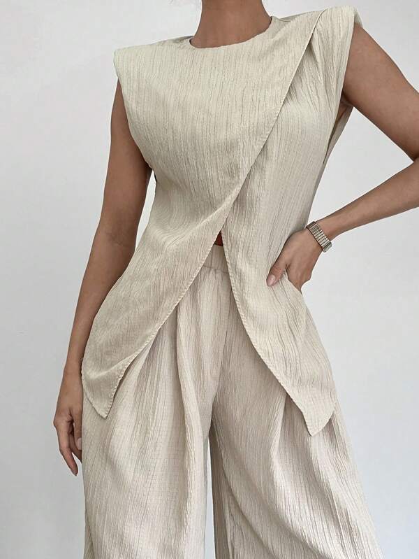 Siren Gaze 2pcs Women Sleeveless Plain Top And Long Pants Set, Simple Casual Daily Wear