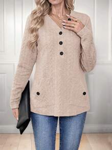 SHEIN LUNE Women's Solid Color V-Neck Long Sleeve Pocket Casual T-Shirt