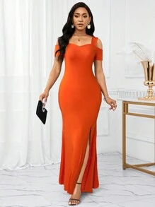 SHEIN Lady Vestidos de invitada de boda Vestidos de recepción de mujer de unicolor para vacaciones Vestido con tirantes - Naranja - Ver 5