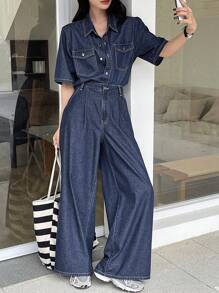 DAZY Women's Western Style Outfit: Contrast Stitch Short Sleeve Loose Blouse & Wide Leg Denim Pants Set,Back To School Clothes - Dark Wash - View 3