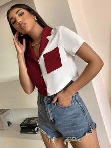 Zolique Women's Red And White Cropped Button Up Shirt With Contrast Pocket Detail