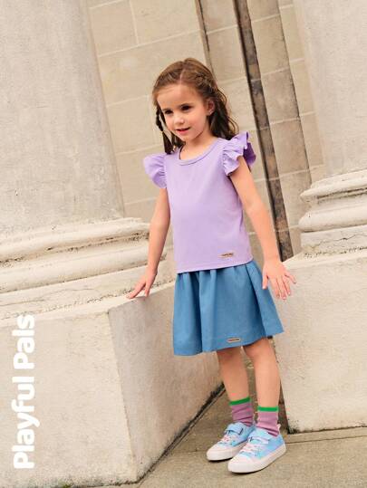 SHEIN 2pcs Set Girl Simple Solid Color Basic Tee With Cap Sleeve And Pleated Mini Skirt, Suitable For School, Outing, Summer, Casual/Retro, Multipurpose