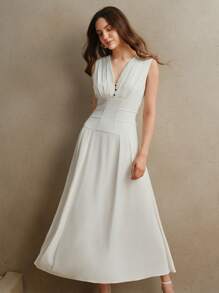 Anewsta 优雅白色编织无袖 V 领收腰夏季女士连衣裙，时尚、节日、度假装 - 白色 - 查看 3