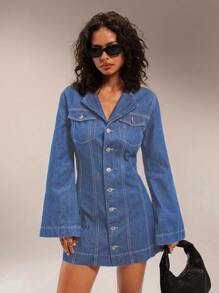 Forever 21 Váy chữ A tay dài vải denim washy cổ bẻ viền cao thấp thu/đông mới - Rửa trung bình - Xem 7