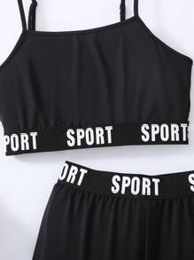 SHEIN Leap Crew Teen Girls Casual Sports Black Spliced Elastic Band Graphic Top And Bike Shorts - Black - View 4