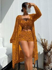 Swim Lushoire 3pcs Women Swimwear Set + Random Print For Summer Beach Vacation - Multicolor - View 3