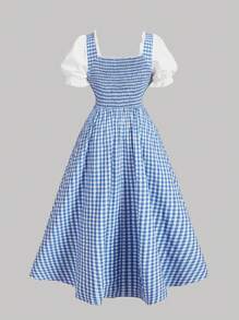 SHEIN MOD 大码夏季女式复古蓝色格子拼布连衣裙，春季