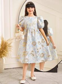 SHEIN Leap Crew 女童合身可爱圆领泡泡袖提花面料迷你连衣裙 - 藍色 - 查看 3