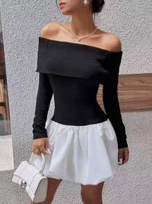 SHEIN Unity Vintage modischer vielseitiger Damen Schwarz & Weiß Kontrast Kragen Off-Shoulder figurbetontes Patchwork Puffärmel Strickkleid, Herbst/Winter - Schwarz und Weiss - Übersicht 3