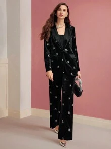 MOTF PREMIUM Pantalones de traje sastre con bordado floral de terciopelo - Negro - Ver 5
