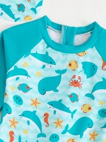 Young Boy Swimwear With Printed Design, One-Piece Swimsuit, Gift Cap Included - Multicolor - View 4