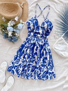 Soleia 女士度假风格蓝白花卉印花深 V 领露背蝴蝶结后背荷叶边下摆连衣裙，适合婚礼、毕业典礼、返校、可爱午餐、性感单身派对、夏季 - 藍白色 - 查看 6