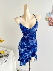 Soleia Women's Vacation Tie Dye Blue Floral Print Surplice Neck Backless Cross Tie Waist Ruched Asymmetric Hem Ruffle Hem Dress, Party, Date, Valentine's Day, City Street, Wear As Outerwear & Innerwear