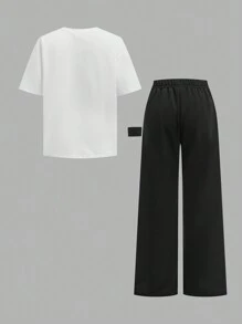 SHEIN 青少年女孩三件套：圆领图案印花短袖 T 恤、裤子和腕带 - 彩色 - 查看 2