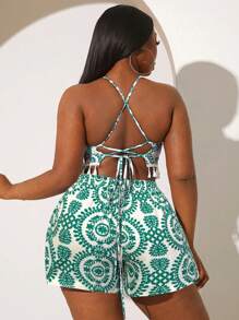 SHEIN SXY 大码 2 件套 无袖 全身印花 流苏下摆 休闲上衣和短裤