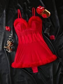 Valentine's Day Plush High-Waist Slim Skirt Semi-Sheer Sexy Jumpsuit For Women - Red - View 6