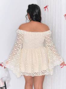 ROMWE Kawaii Plus Size Sweet Palace Style Lace Off Shoulder Flare Sleeve Dress