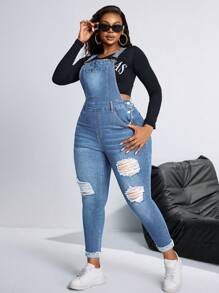 SHEIN SXY Plus Size Casual Ripped Denim Jumpsuit, Minimalist & Fashionable For Daily Wear - Light Wash - View 4