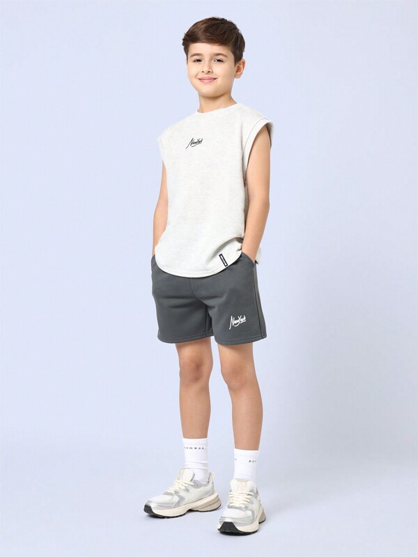 SUMWON Klassisches ärmeloses Tank-Set Zweiteiler Outfit, lässiger Sport Streetwear Sommer, Athletic New York Logo Muster, Regular Fit, Alltags Jugend Trainingsset