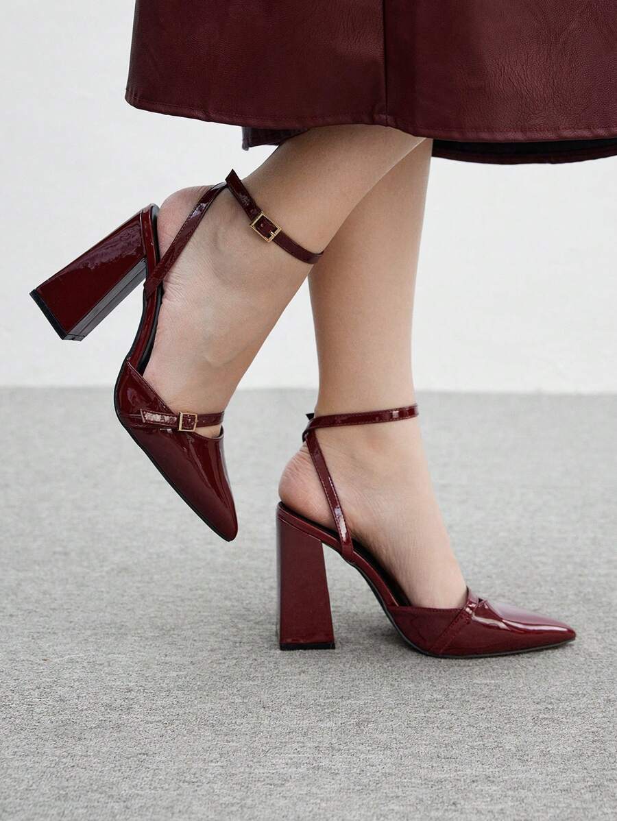 CUCCOO BIZCHIC Women's Burgundy Thick Heels Pointed Toe Slip-On Pumps, Simple Basic Commuting, Dating, Party, Holiday Spring Shoes Spring Break Easter For Christmas - Burgundy - View 1