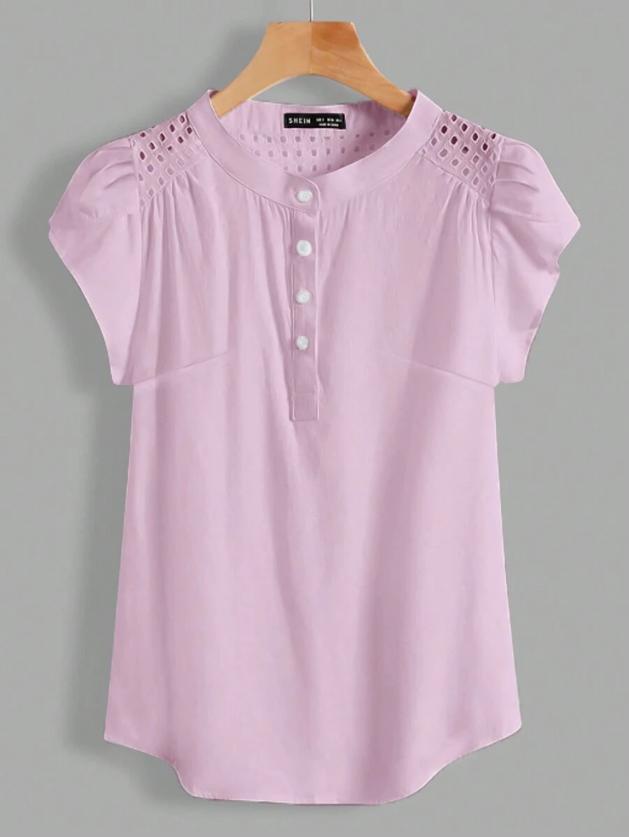 SHEIN LUNE Women's Solid Color Front Button Hollow Patchwork Casual Blouse - Pink - View 1