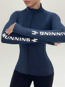 Easithlete 女士字母印花拉链日常健身运动夹克 - 藏蓝色 - 查看 5