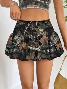 SHEIN EZwear Lässiger Vintage Damen Rock mit gesamtbedrucktem Baumzweig-Camouflage-Muster und Falten, knielang, geeignet für Frühling und Sommer - Verschiedenfarbig - Übersicht 1