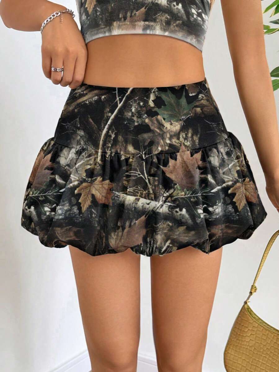 SHEIN EZwear Lässiger Vintage Damen Rock mit gesamtbedrucktem Baumzweig-Camouflage-Muster und Falten, knielang, geeignet für Frühling und Sommer - Verschiedenfarbig - Übersicht 1
