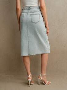 Anewsta Falda vaquera con bordados de cuentas adelgazantes para mujeres, primavera/verano