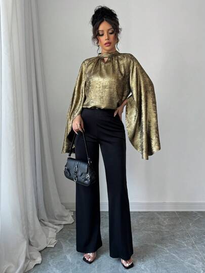 Elenzga 女士复古优雅镂空 V 领奢华泡泡袖宽松高端时尚长袖金色衬衫搭配黑色修身直筒裤优雅套装