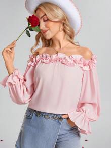 SHEIN LUNE Women 3D Floral Ruffle Off Shoulder Long Sleeve Solid Loose Blouse,Valentine's Day,Western Wear Women,Spring - Pink - View 7