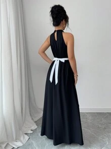 Elenzga Kleid für Damen mit Kragen, Kontrastfarben Schwarz und Weiß, plissiert, elegant - Schwarz - Übersicht 2