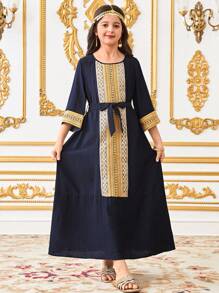 SHEIN Tween Girls' Loose Pattern Drawstring Decor 3/4 Sleeve Casual A-Line Dress