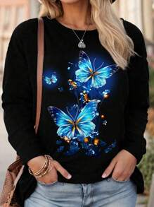 SHEIN LUNE Camiseta casual de manga larga con cuello redondo y estampado de mariposa para mujer de talla grande