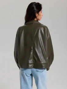 EURMUSE PU Leather Stylish Hidden-Fly Detailed Women's Jacket - Khaki - View 2