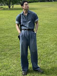 DAZY 夏季纯蓝色男士牛仔衬衫套装 - 藍色 - 查看 1