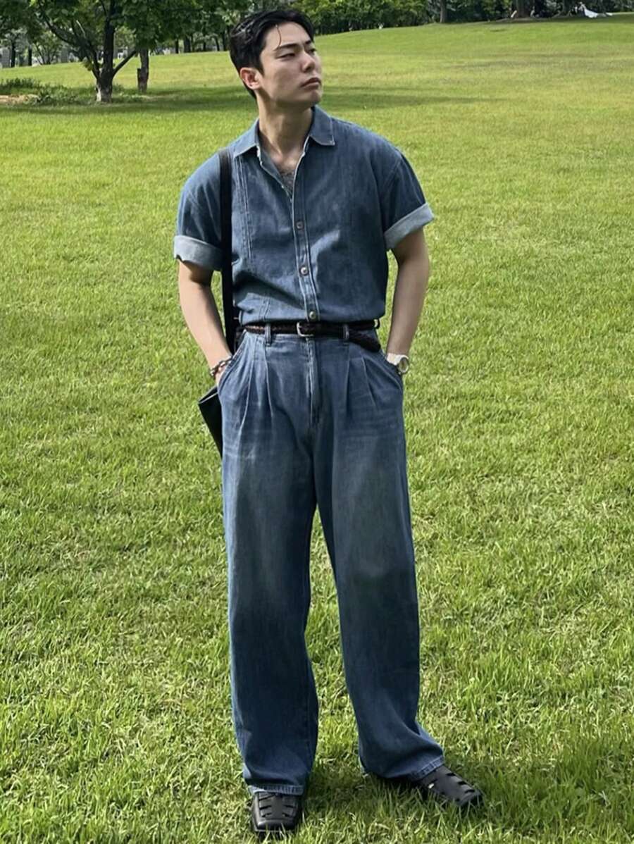 DAZY 夏季纯蓝色男士牛仔衬衫套装 - 藍色 - 查看 1