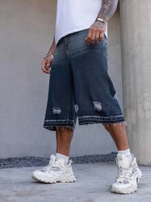 Manfinity Homme Men's Distressed Pocket Design Frayed Edge Casual Denim Shorts - Light Wash - View 6