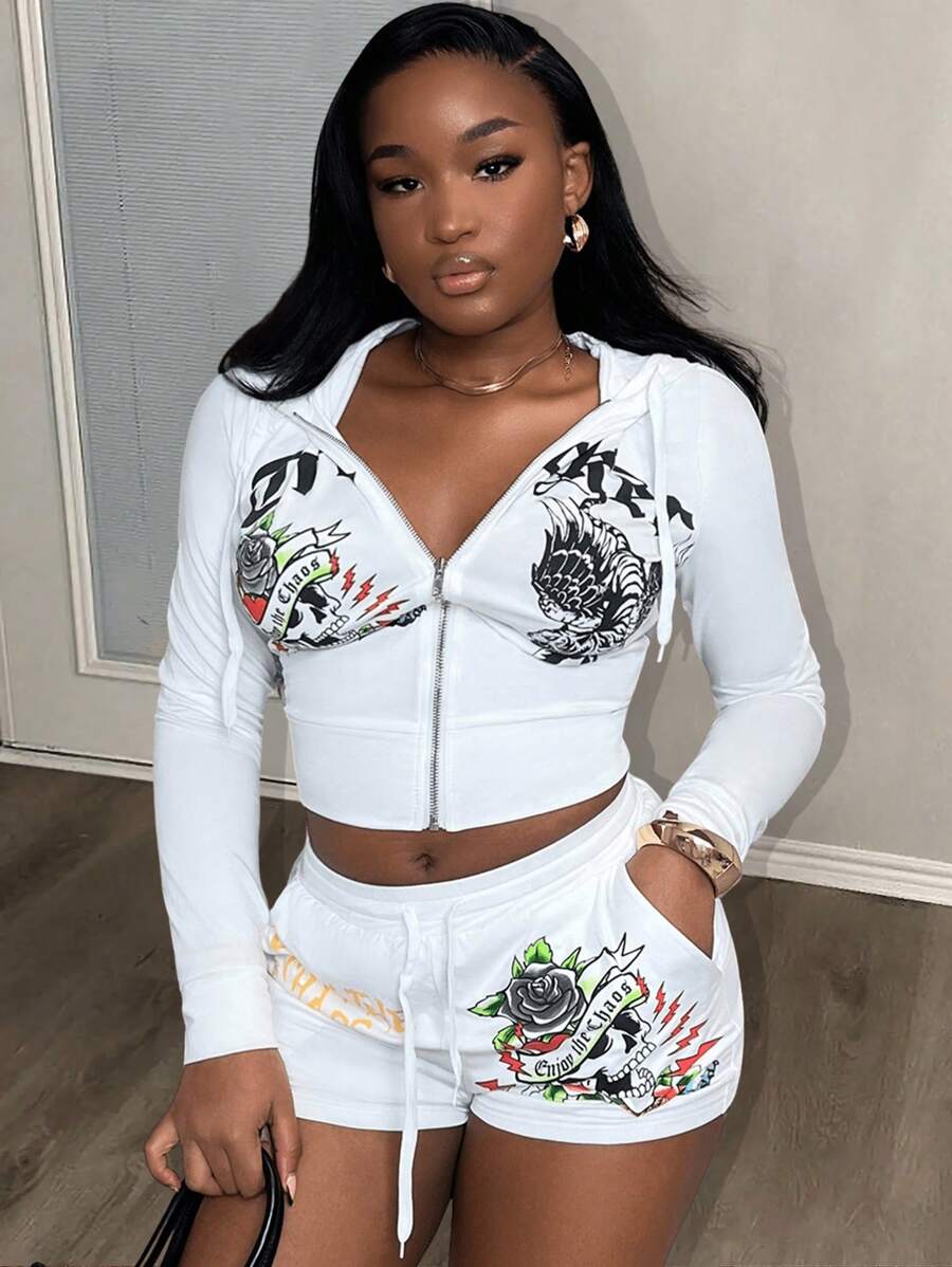 Slaydiva New Spring And Summer Casual Street Hooded Long-Sleeved Zipper Sweatshirt Cardigan + Slim Shorts Slogan Skull Print White Women's Two-Piece Set-B - White - View 1