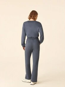 SHEIN Sports Women's Letter Print Round Neck Drop Shoulder Long Sleeve Sweatshirt And Self-Tie Waist Pants Sports Fleece Suit - Dusty Blue - View 2