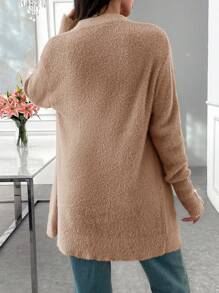 EURMUSE Women Solid Color Hairy Yarn Open Front Pocket Detailed Drop Shoulder Cardigan - Brown - View 3