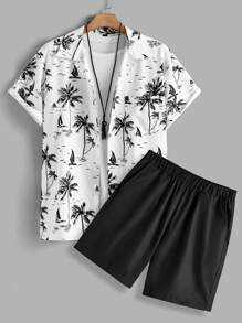 Manfinity RSRT Men Plant Print Front Button Casual Short Sleeve Top And Shorts Set - White - View 7