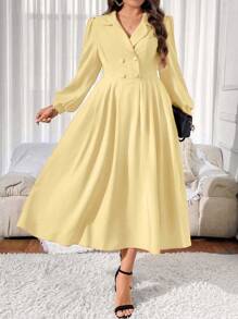 SHEIN Unity 大码优雅时尚休闲/工作装长袖褶皱领连衣裙，红色新年服装长款女装