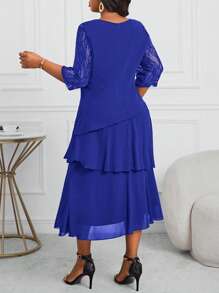 SHEIN Lady Đầm công sở Đầm đi nhà thờ Đầm công sở nữ Đầm midi xếp tầng xẻ tà tay khoét sâu màu xanh lam Đầm giáo viên Đầm giáo viên Đầm mùa thu Đầm ren Đầm bốn mùa thanh lịch cho phụ nữ Đầm ren mùa thu - Xanh đậm - Xem 2