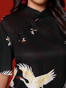SHEIN Unity Chinese Style Loose Crane Pattern Button Up Elegant Dress, Suitable For Chinese New Year - Multicolor - View 5