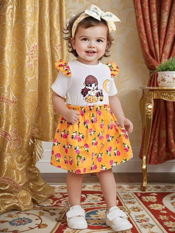 Tinuta Casual Fetita: Tricou Alb Cu Maneca Scurta Cu Print Moon & Star Si Set Fusta