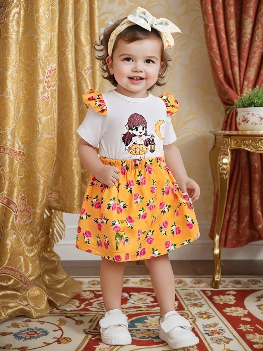 女婴休闲装：白色短袖 T 恤，带月亮和星星印花和裙子套装 - 彩色 - 查看 1