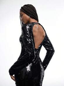 LYSMO Fashionable Shiny Sequin Dress - Black - View 7