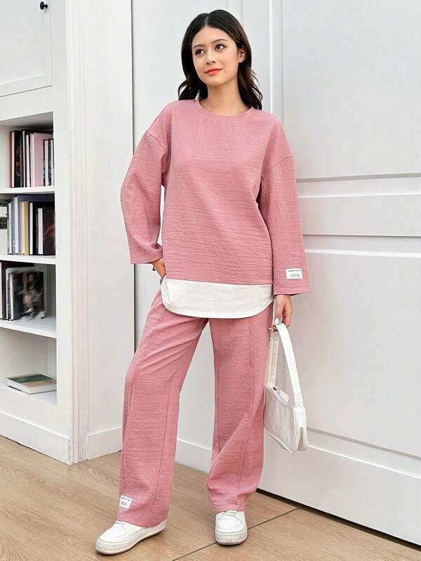 SHEIN Teenager Mädchen Rosa, Lässig Reise, Frühling und Sommer, Feiertage, Abschlussball, Lässig Strick Patchwork, gewebte Markierung, Rundhals Langarm Top Set, Schulanfang