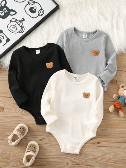 SHEIN 3 件套新生男婴/女婴可爱卡通熊针织弹力连体衣，长袖前开连体衣套装，适合秋冬季